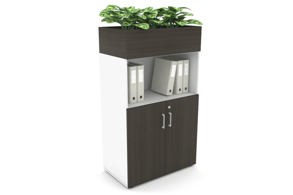 Uniform Medium Storage with Small Doors + Planter Box [800W x 1395H x 450D]-White dark oak white handle