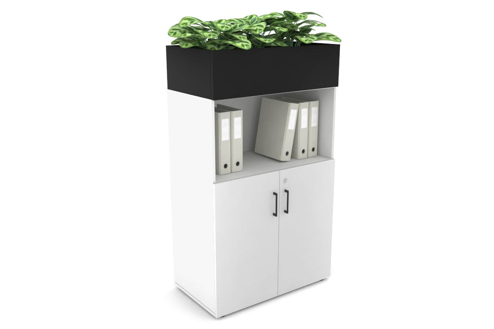 Uniform Medium Storage with Small Doors + Planter Box [800W x 1395H x 450D]-White black black handle