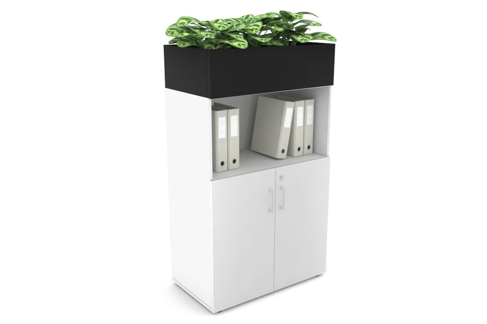 Uniform Medium Storage with Small Doors + Planter Box [800W x 1395H x 450D]-White black white handle