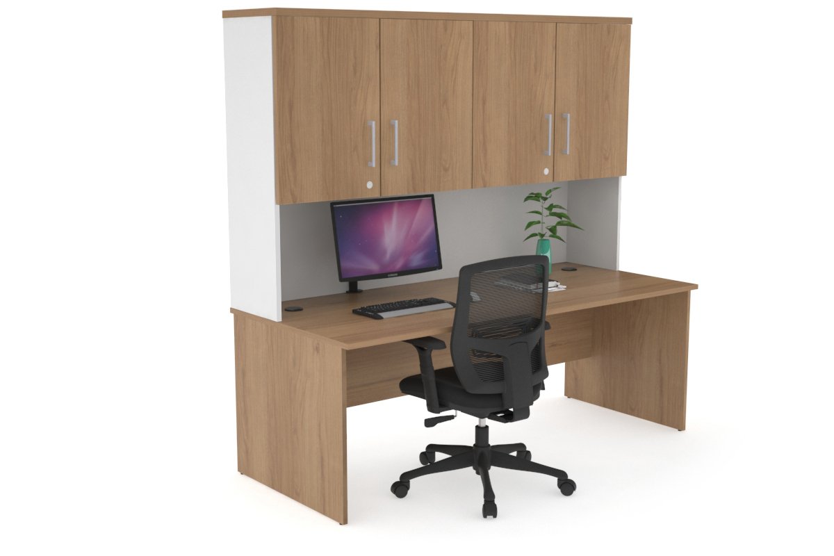 Uniform Panel Desk - Hutch with Doors Jasonl White salvage oak silver handle