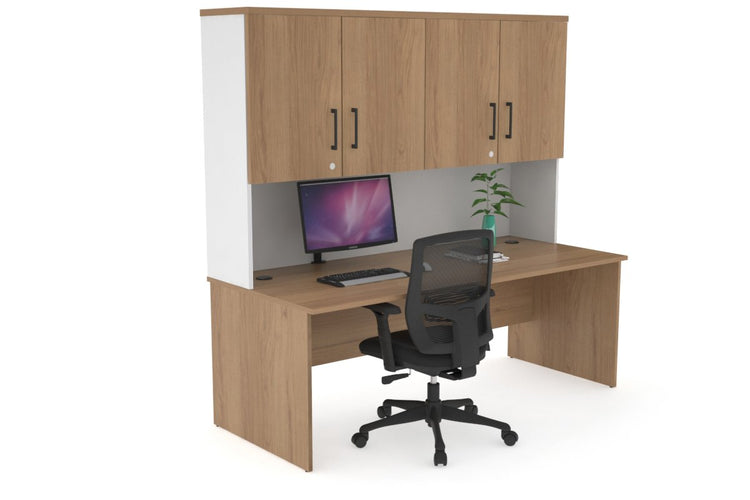 Uniform Panel Desk - Hutch with Doors Jasonl White salvage oak black handle