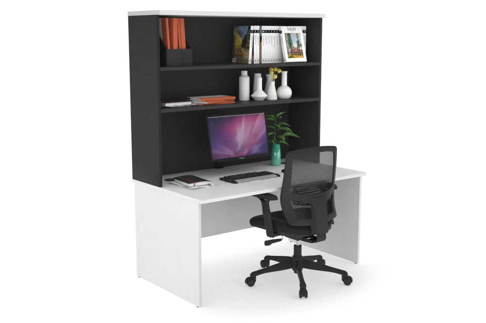 Uniform Panel Office Desk with Open Hutch [1200W x 750H x 700D]-Black white white laminate