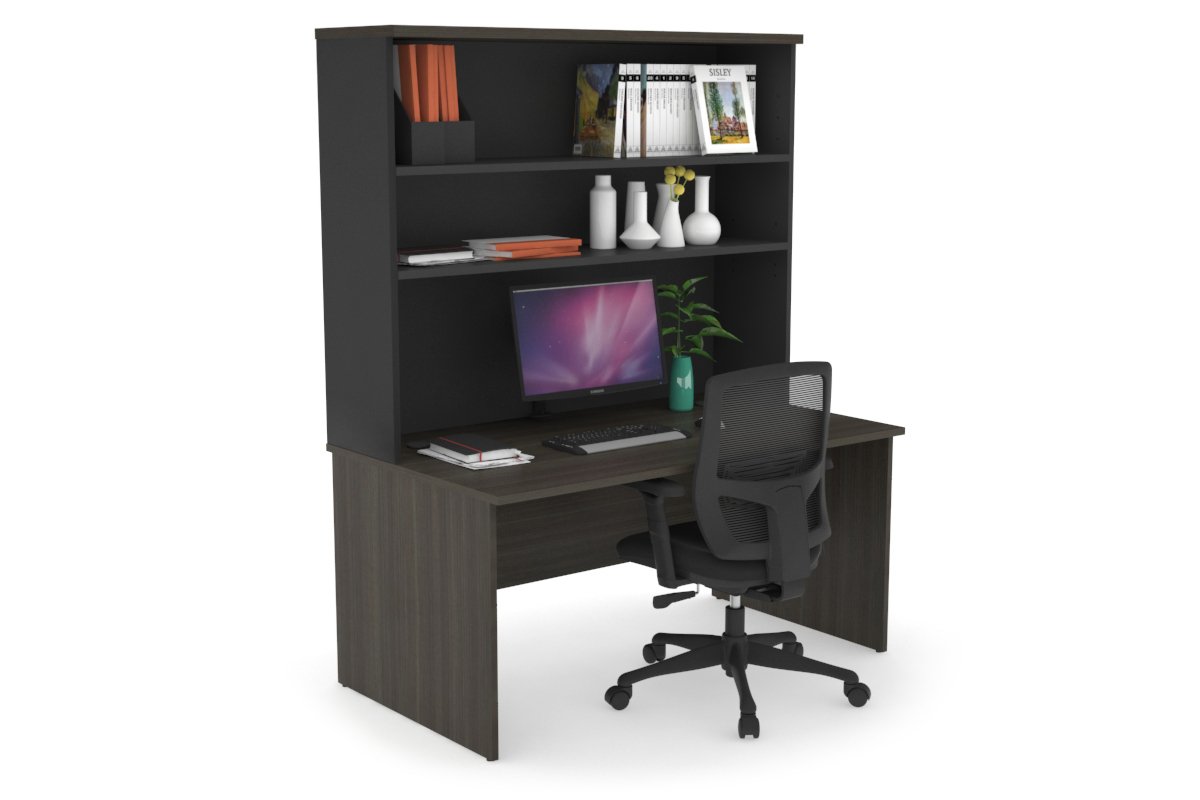 Uniform Panel Desk with Open Hutch [1200W x 750H x 700D] Jasonl Black dark oak white laminate