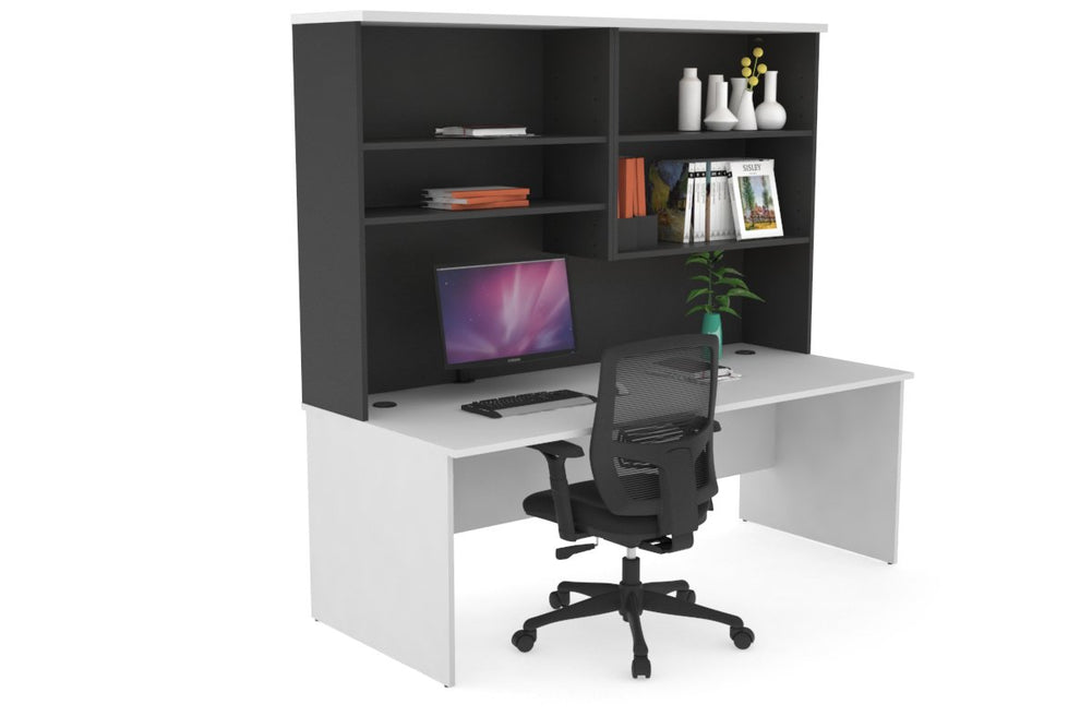 Uniform Panel Office Desk with Open Hutch [1600W x 750H x 700D]-Black dark oak dark oak laminate