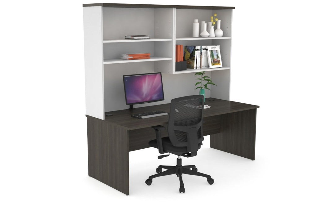 Uniform Panel Office Desk with Open Hutch [1600W x 750H x 700D]-Black dark oak dark oak laminate