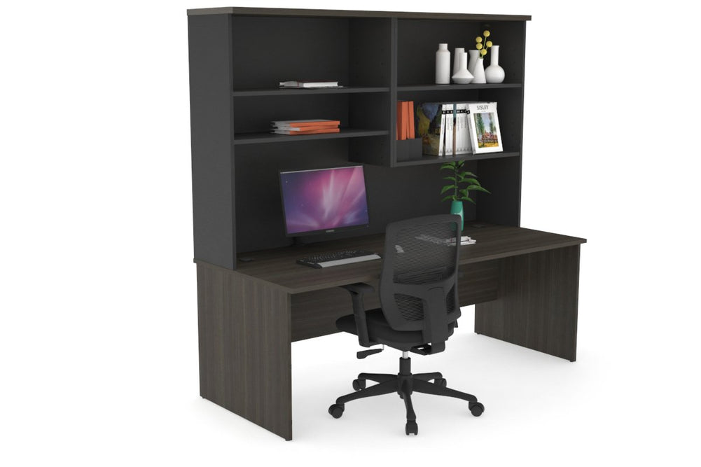 Uniform Panel Office Desk with Open Hutch [1600W x 750H x 700D]-Black dark oak dark oak laminate