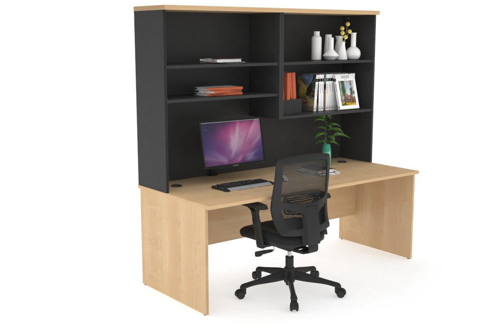 Uniform Panel Office Desk with Open Hutch [1600W x 750H x 700D]-Black dark oak dark oak laminate