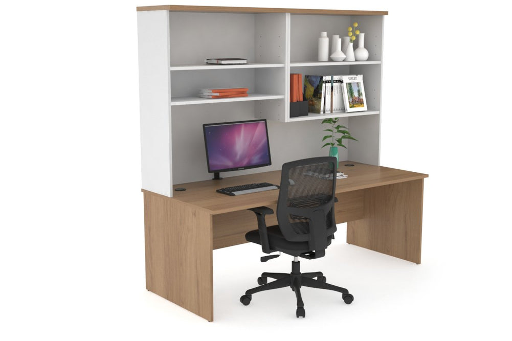 Uniform Panel Office Desk with Open Hutch [1600W x 750H x 700D]-Black dark oak dark oak laminate