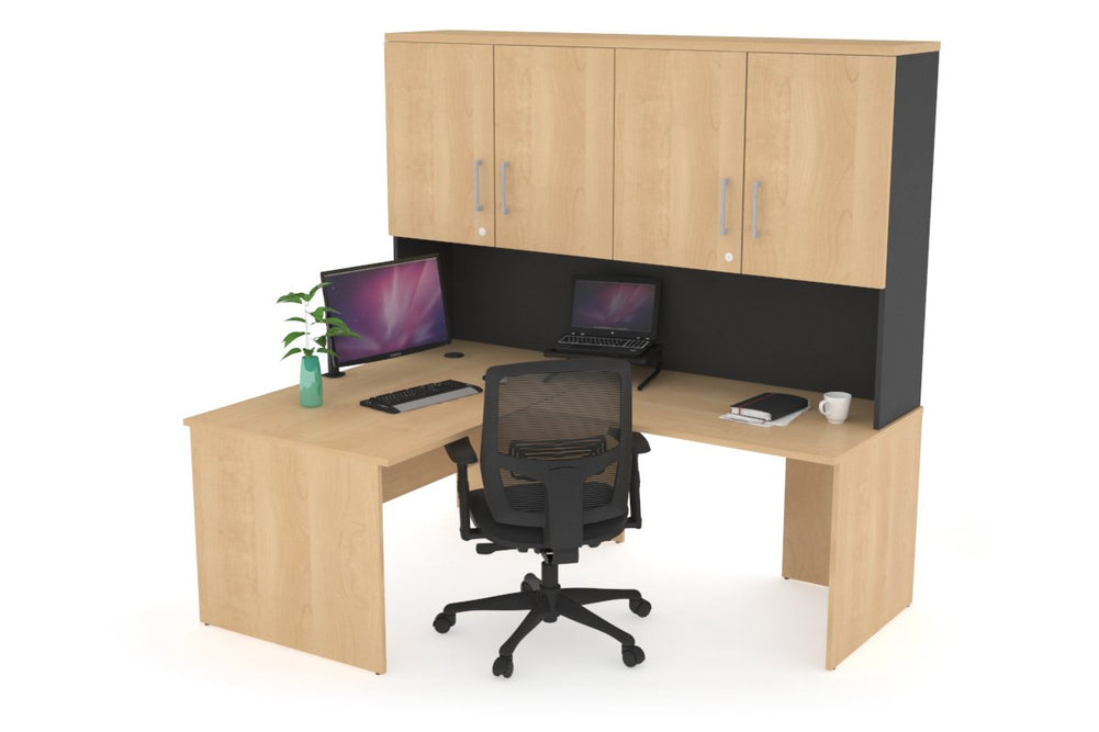 Uniform Panel Return Desk - Hutch with Doors [1200L x 1600W]-Black maple silver handle