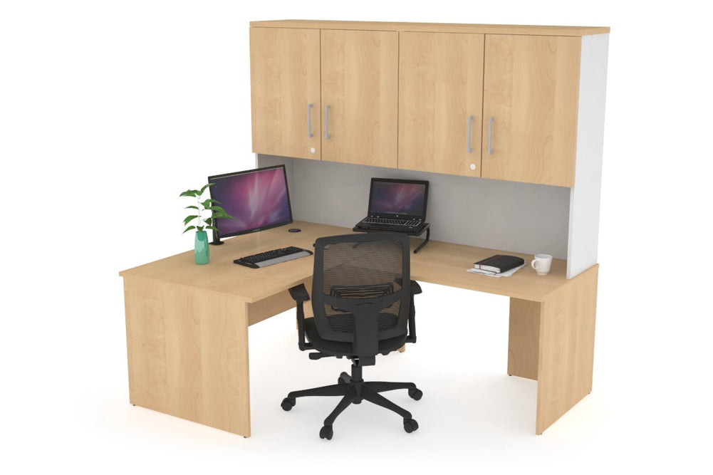 Uniform Panel Return Desk - Hutch with Doors [1200L x 1600W]-White maple silver handle