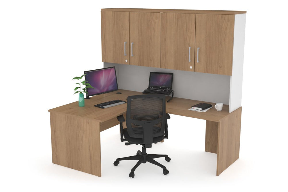 Uniform Panel Return Desk - Hutch with Doors [1200L x 1600W]-White salvage oak silver handle