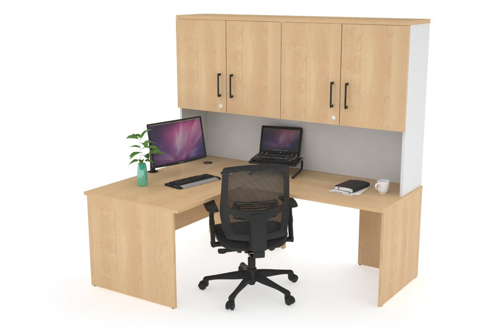 Uniform Panel Return Desk - Hutch with Doors [1200L x 1600W]-White maple black handle