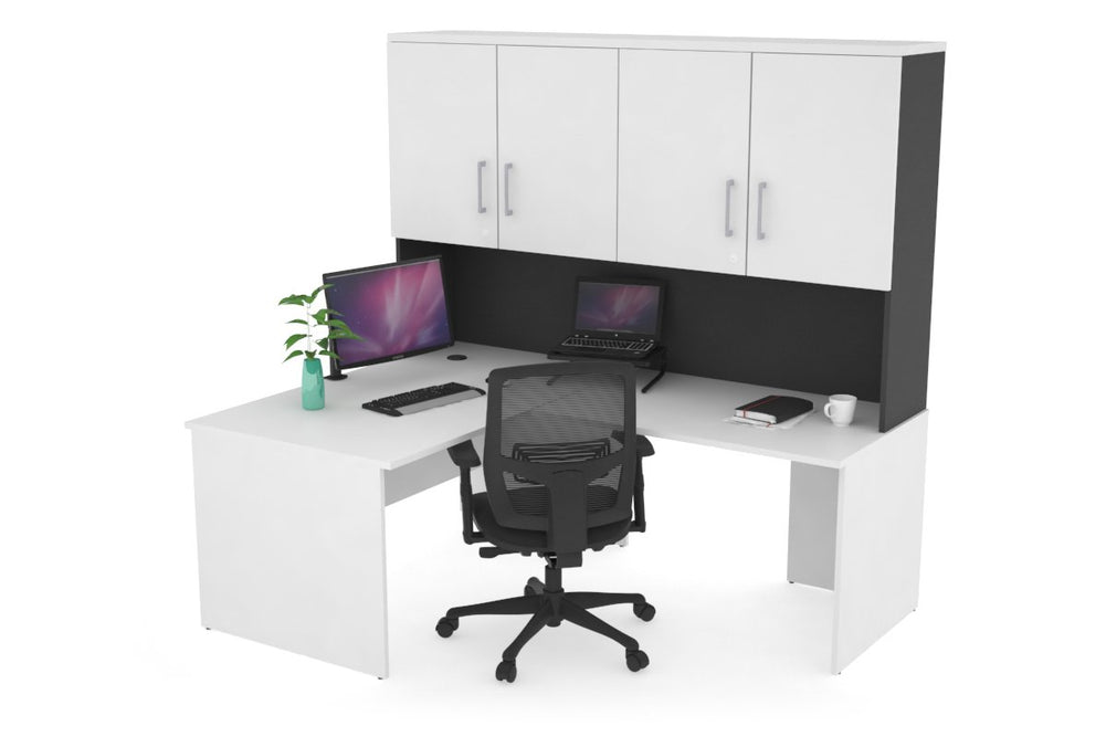 Uniform Panel Return Desk - Hutch with Doors [1200L x 1600W]-Black white silver handle