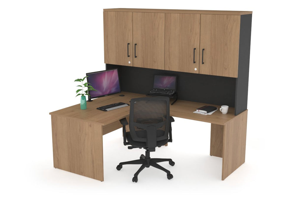 Uniform Panel Return Desk - Hutch with Doors [1200L x 1600W]-Black salvage oak black handle