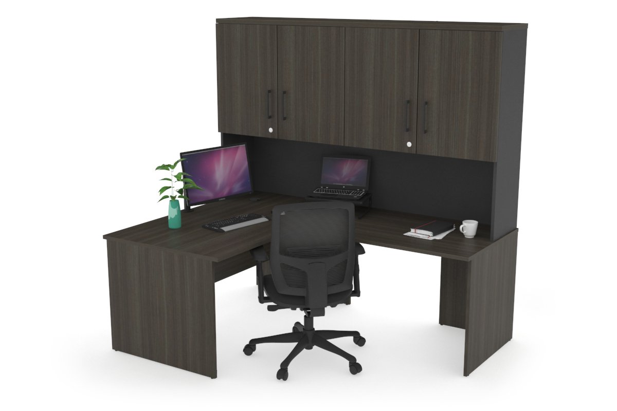 Uniform Panel Return Desk - Hutch with Doors [1200L x 1600W]-Black dark oak black handle
