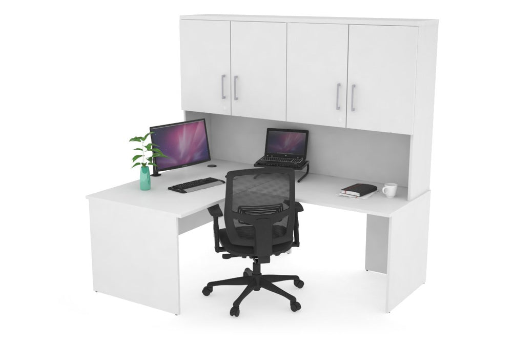 Uniform Panel Return Desk - Hutch with Doors [1200L x 1600W]-White white silver handle