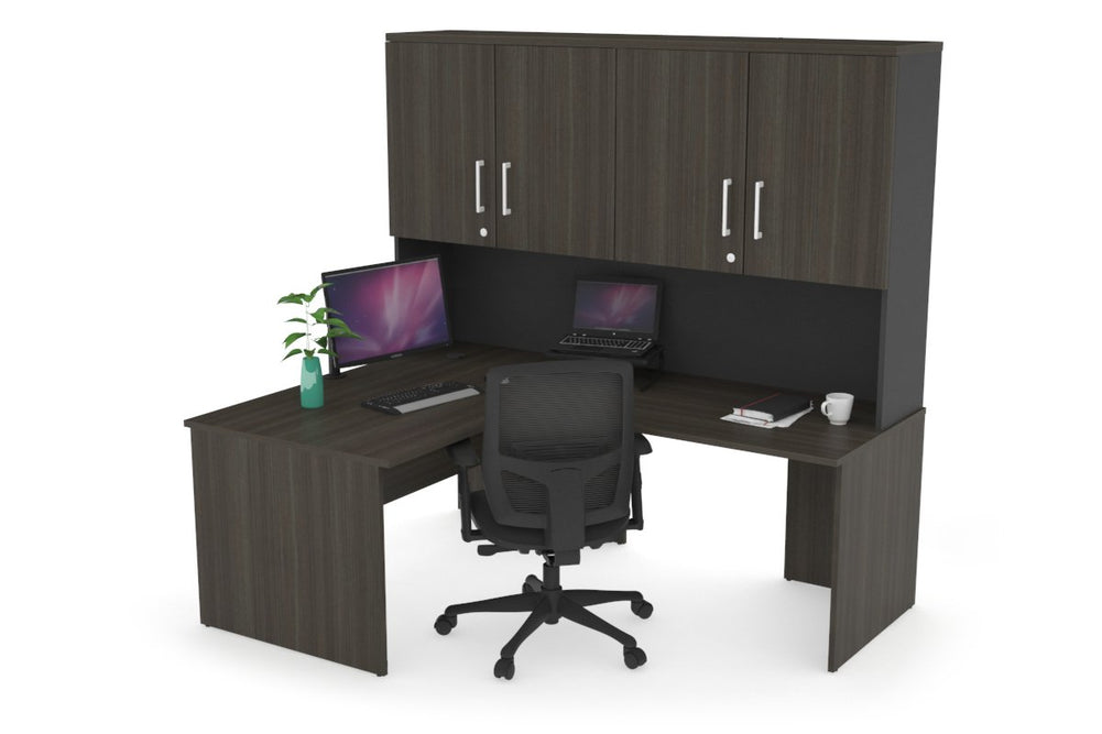 Uniform Panel Return Desk - Hutch with Doors [1200L x 1600W]-Black dark oak white handle