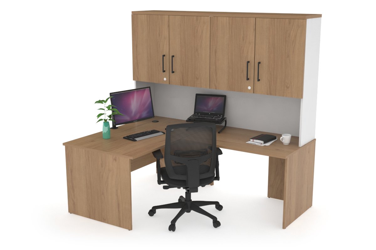 Uniform Panel Return Desk - Hutch with Doors [1200L x 1600W] Jasonl White salvage oak black handle