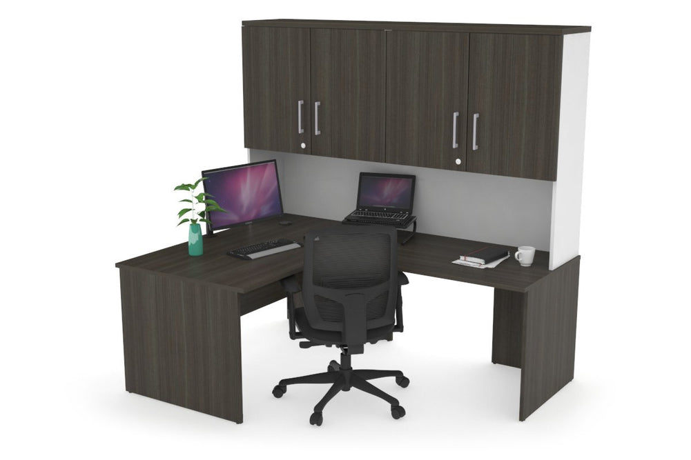 Uniform Panel Return Desk - Hutch with Doors [1200L x 1600W]-White dark oak silver handle