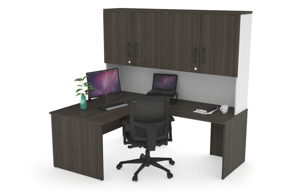 Uniform Panel Return Desk - Hutch with Doors [1200L x 1600W]-White dark oak black handle