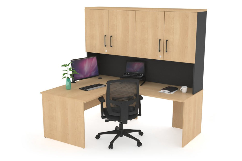 Uniform Panel Return Desk - Hutch with Doors [1200L x 1600W]-Black maple black handle