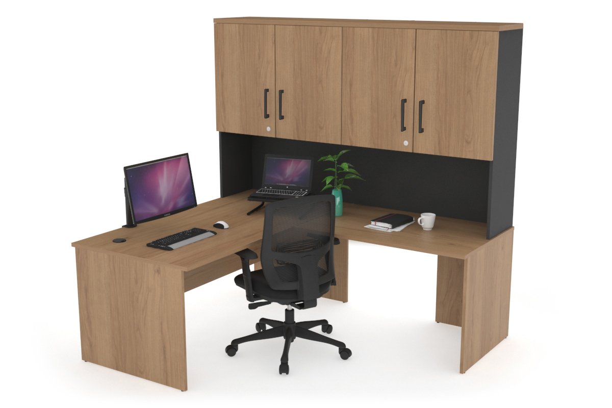 Uniform Panel Return Desk - Hutch with Doors [1400L x 1600W] Jasonl Black salvage oak black handle