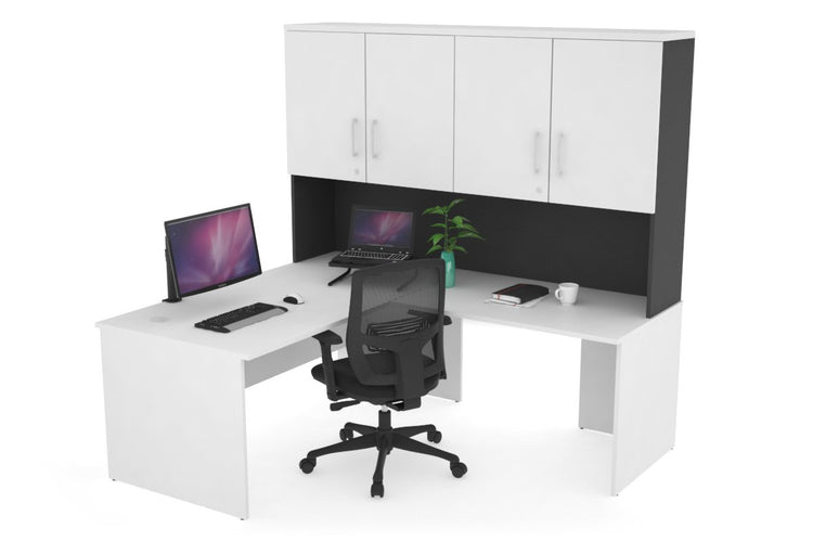 Uniform Panel Return Desk - Hutch with Doors [1400L x 1600W] Jasonl Black white silver handle