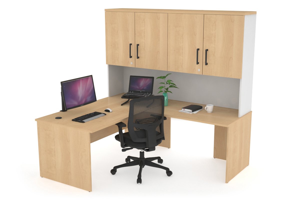 Uniform Panel Return Desk - Hutch with Doors [1400L x 1600W] Jasonl White maple black handle