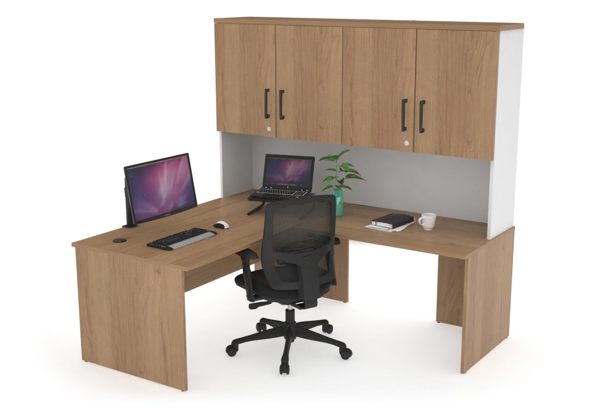 Uniform Panel Return Desk - Hutch with Doors [1400L x 1600W] Jasonl White salvage oak black handle