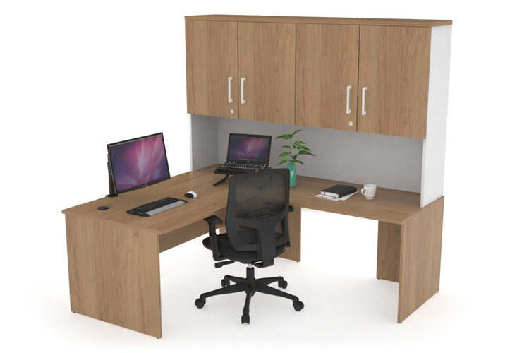Uniform Panel Return Desk - Hutch with Doors [1400L x 1600W] Jasonl White salvage oak white handle