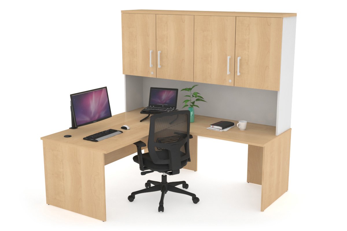 Uniform Panel Return Desk - Hutch with Doors [1400L x 1600W] Jasonl White maple white handle