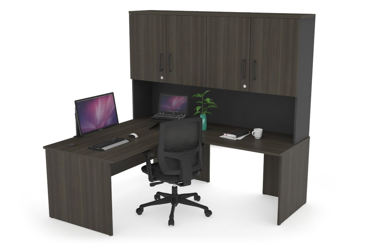 Uniform Panel Return Desk - Hutch with Doors [1400L x 1600W] Jasonl Black dark oak black handle