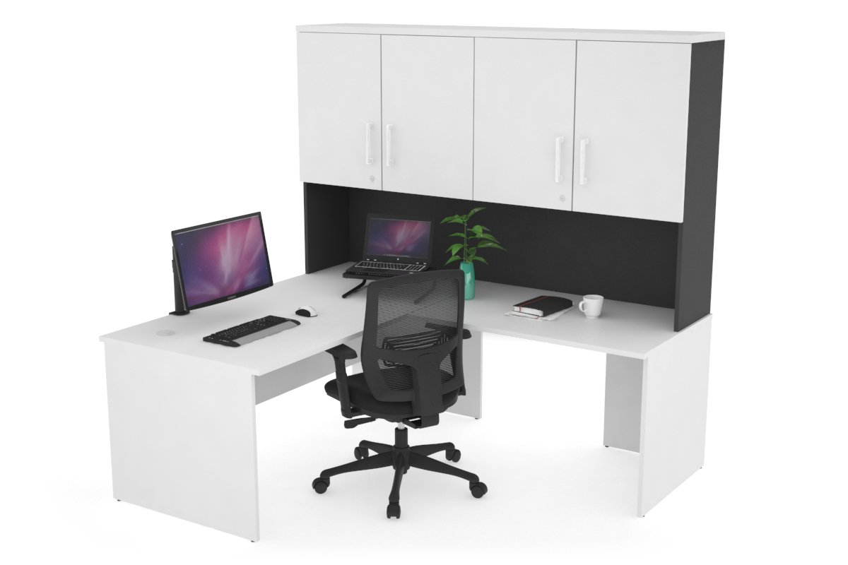 Uniform Panel Return Desk - Hutch with Doors [1400L x 1600W] Jasonl Black white white handle