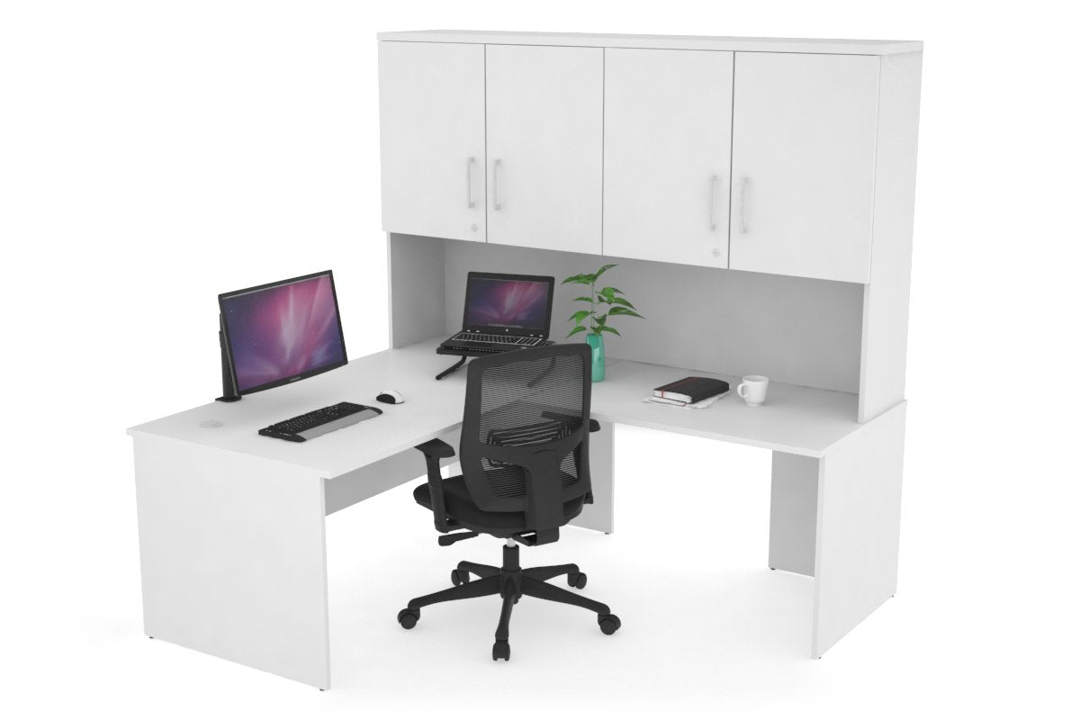 Uniform Panel Return Desk - Hutch with Doors [1400L x 1600W] Jasonl White white silver handle