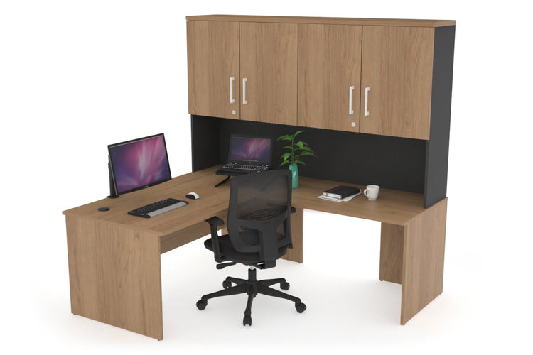 Uniform Panel Return Desk - Hutch with Doors [1400L x 1600W] Jasonl Black salvage oak white handle