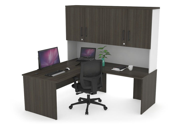 Uniform Panel Return Desk - Hutch with Doors [1400L x 1600W] Jasonl White dark oak black handle