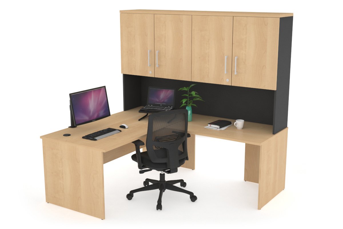 Uniform Panel Return Desk - Hutch with Doors [1400L x 1600W] Jasonl Black maple silver handle