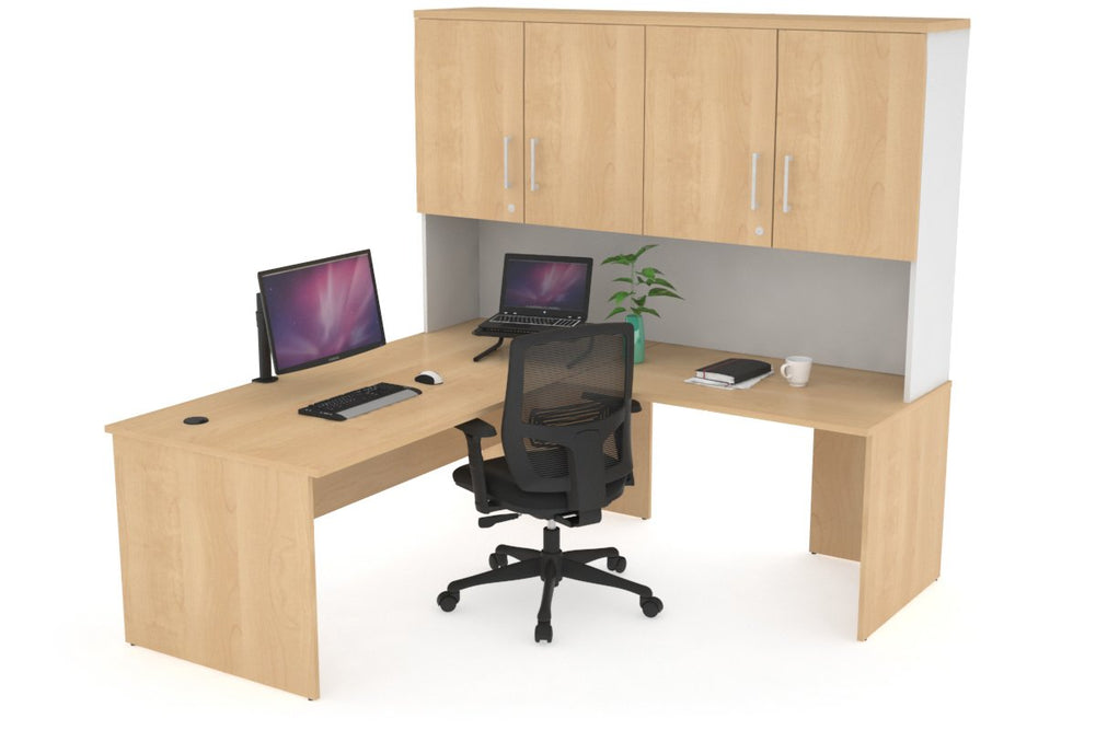 Uniform Panel Return Desk - Hutch with Doors [1600L x 1600W]-White maple silver handle