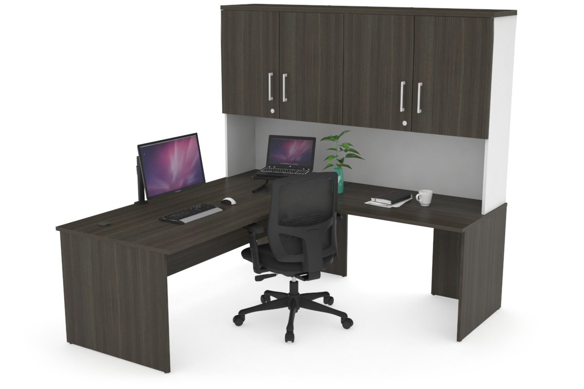 Uniform Panel Return Desk - Hutch with Doors [1600L x 1600W] Jasonl White dark oak silver handle
