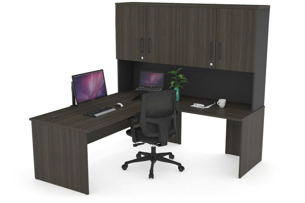 Uniform Panel Return Desk - Hutch with Doors [1600L x 1600W]-Black dark oak black handle