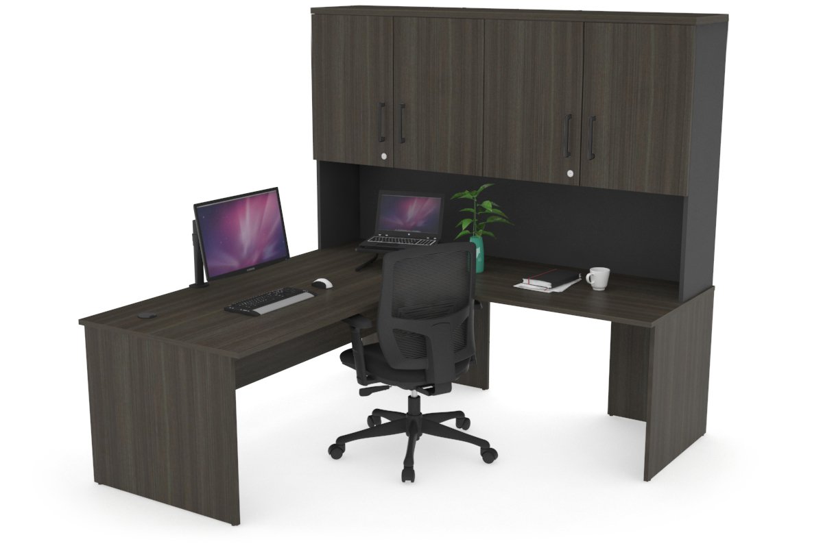 Uniform Panel Return Desk - Hutch with Doors [1600L x 1600W] Jasonl Black dark oak black handle