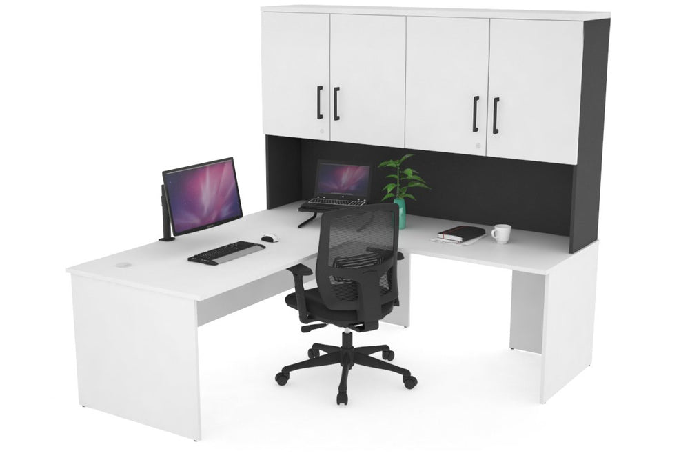 Uniform Panel Return Desk - Hutch with Doors [1600L x 1600W]-Black white black handle