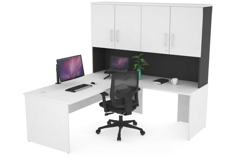 Uniform Panel Return Desk - Hutch with Doors [1600L x 1600W]-Black white silver handle