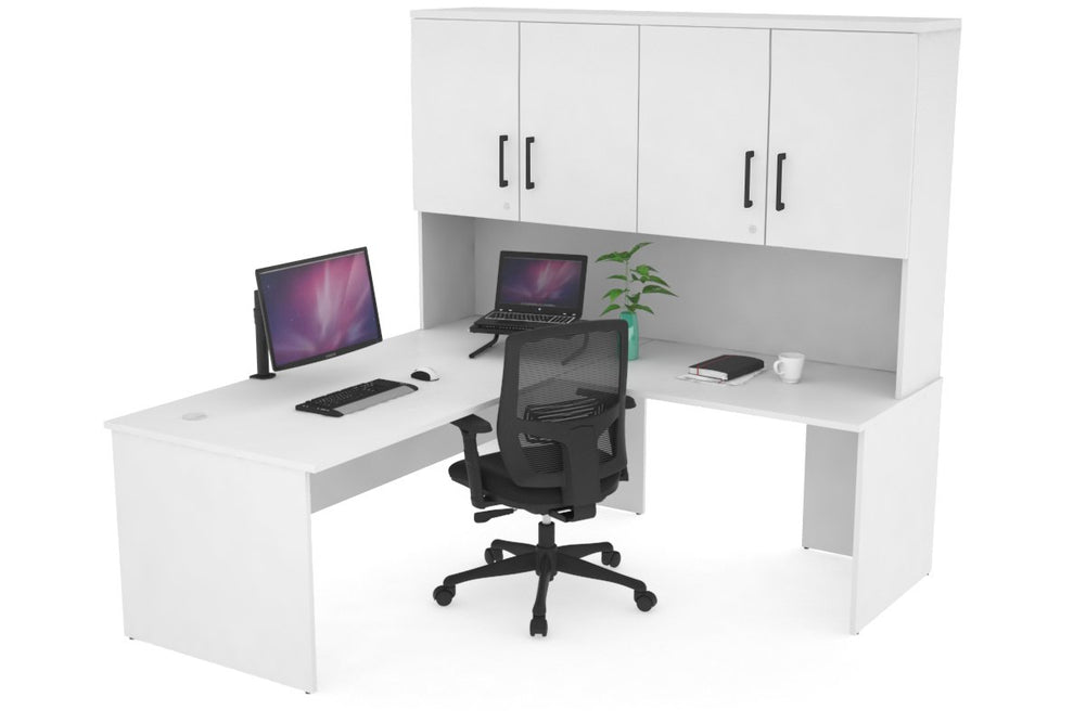 Uniform Panel Return Desk - Hutch with Doors [1600L x 1600W]-White white black handle