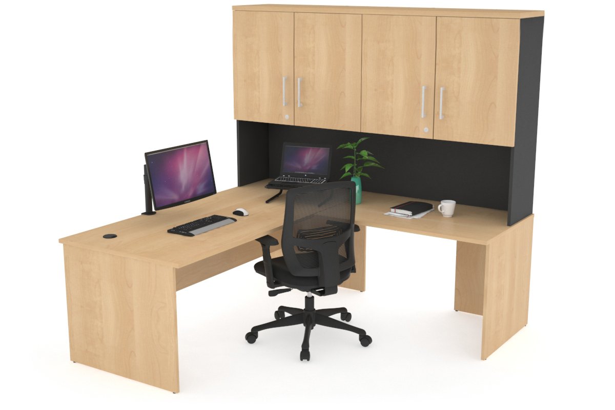 Uniform Panel Return Desk - Hutch with Doors [1600L x 1600W] Jasonl Black maple silver handle