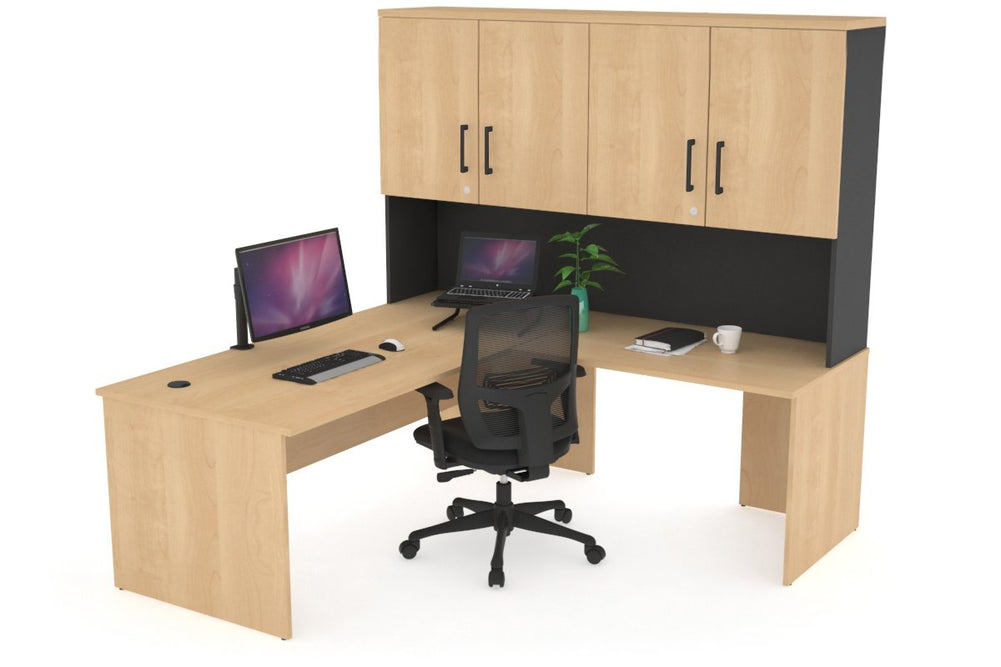 Uniform Panel Return Desk - Hutch with Doors [1600L x 1600W]-Black maple black handle