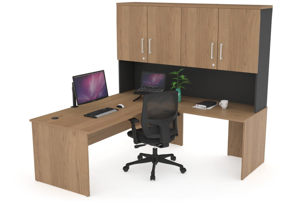 Uniform Panel Return Desk - Hutch with Doors [1600L x 1600W]-Black salvage oak silver handle