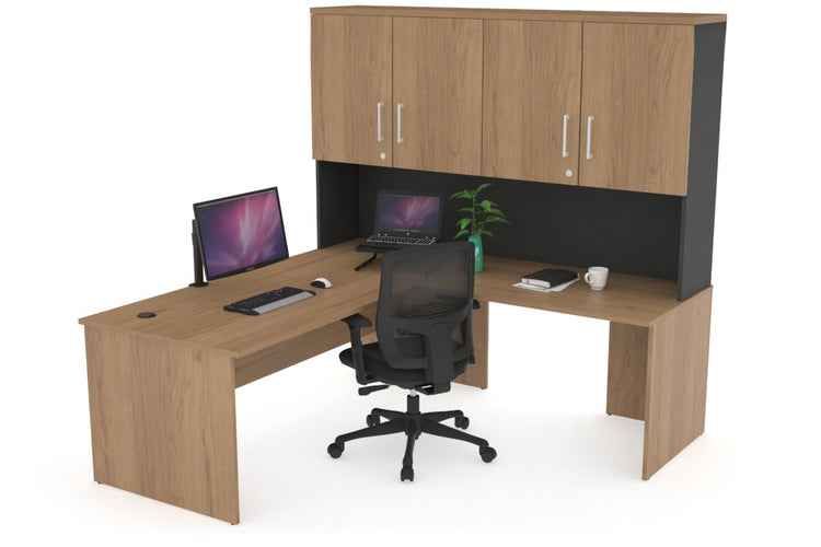 Uniform Panel Return Desk - Hutch with Doors [1600L x 1600W] Jasonl Black salvage oak silver handle
