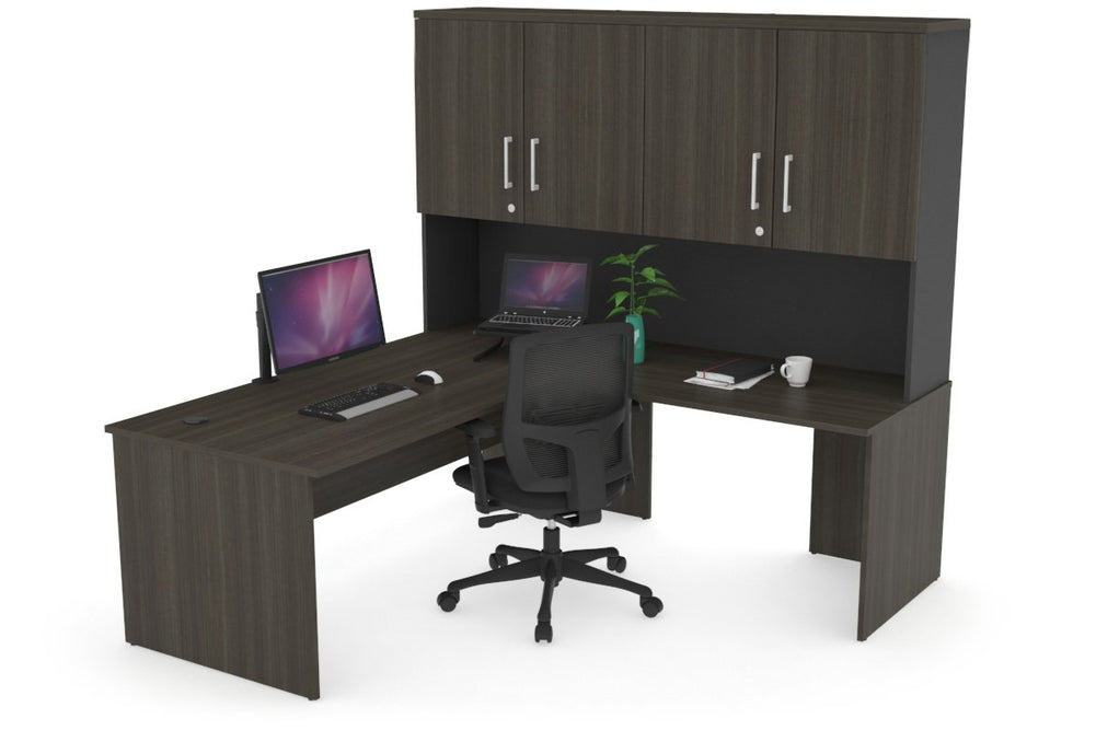 Uniform Panel Return Desk - Hutch with Doors [1600L x 1600W]-Black dark oak silver handle