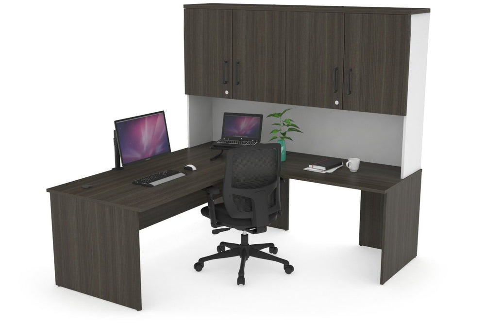 Uniform Panel Return Desk - Hutch with Doors [1600L x 1600W]-White dark oak black handle